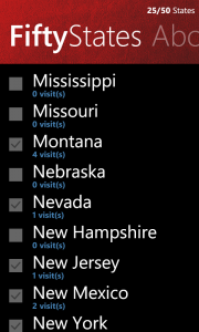 List of the Fifty US States with a count of the number of states visited.