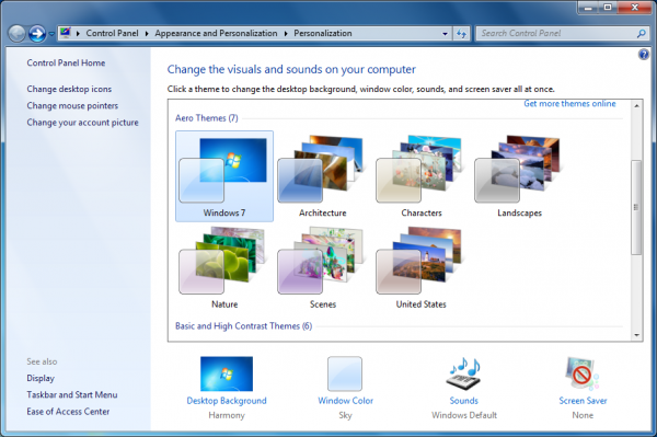 Theme gallery and personalization options in Windows 7.
